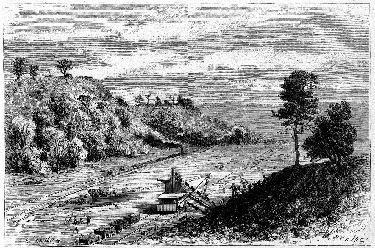 पनामा नहर का निर्माण - पनामा के इस्तमुस की ड्रिलिंग: मंकी हिल (मंकी-हिल) के उत्खनन स्थल का सामान्य दृश्य। 29 अप्रैल, 1882 के "" ले मोंडे इलस्ट्र्रे "" एन ° 1309 में वुइलियर द्वारा उत्कीर्णन। द्वारा गैस्टन वूलीयर