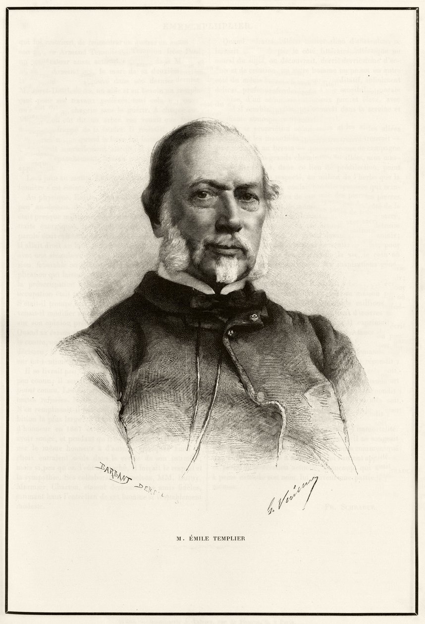 एमिल टेम्पलियर का पोर्ट्रेट (1821-1891), लुई हैचेट के सहयोगी (1800-1864), "टूर डू मोंडे" के निर्माण के प्रभारी। गेब्रियल बोनवालो द्वारा "पेरिस से टोंकिन तक, अज्ञात तिब्बत के माध्यम से" कहानी को चित्रित करने के लिए जी.वुइलियर द्वारा उत्क द्वारा गैस्टन वूलीयर