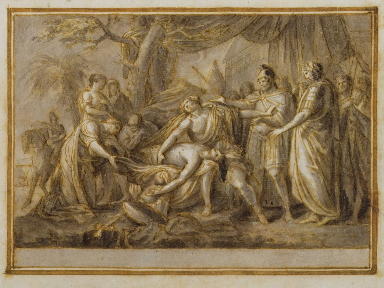एच्लीस लेटरिंग द डेथ ऑफ पेट्रोक्लस, 1760-63 (कलम और स्याही और कागज पर धोना) द्वारा गैविन हैमिल्टन