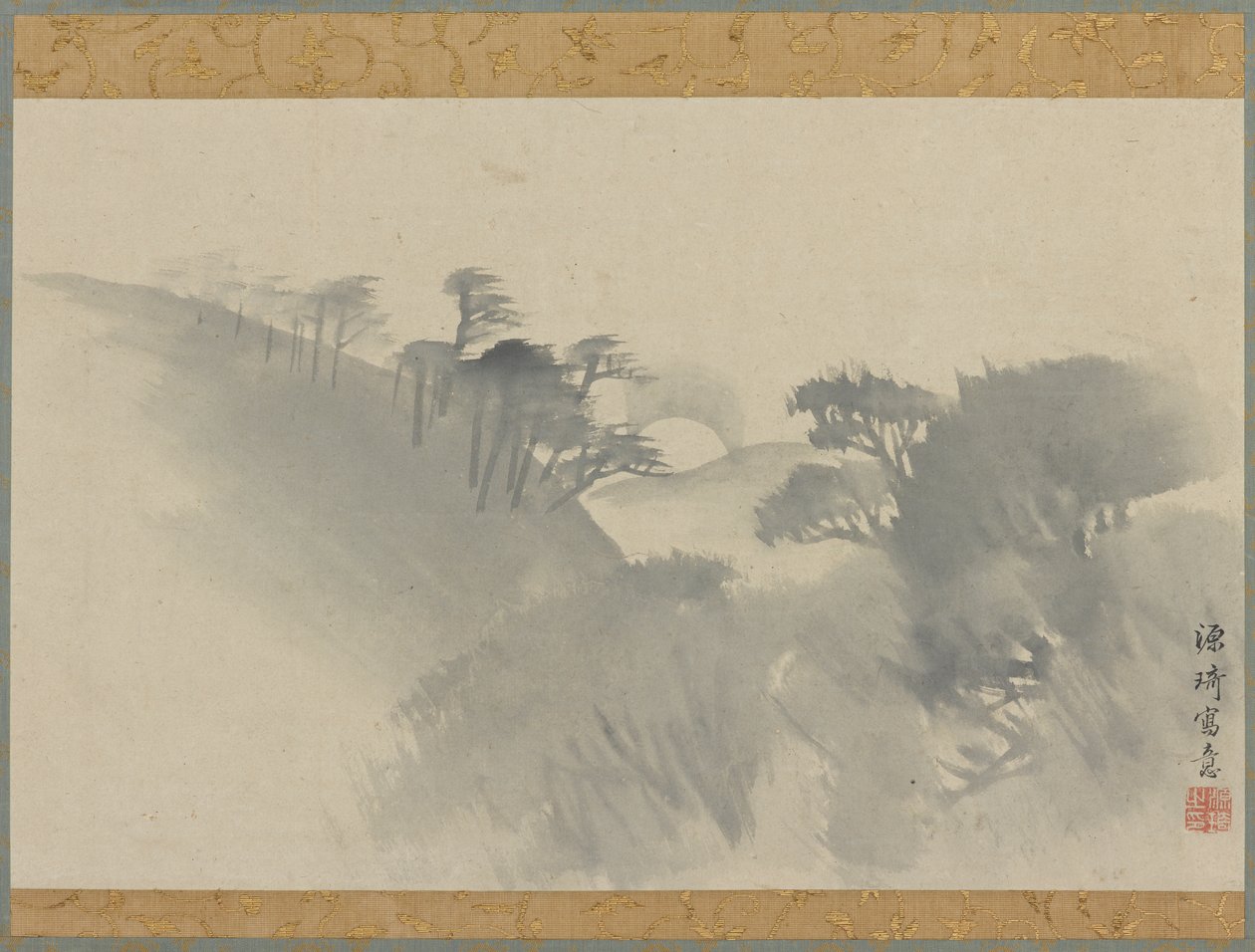 पहाड़ी, पेड़ और चंद्रोदय के साथ लैंडस्केप, ईदो अवधि, 1747-1868। द्वारा गेंकी