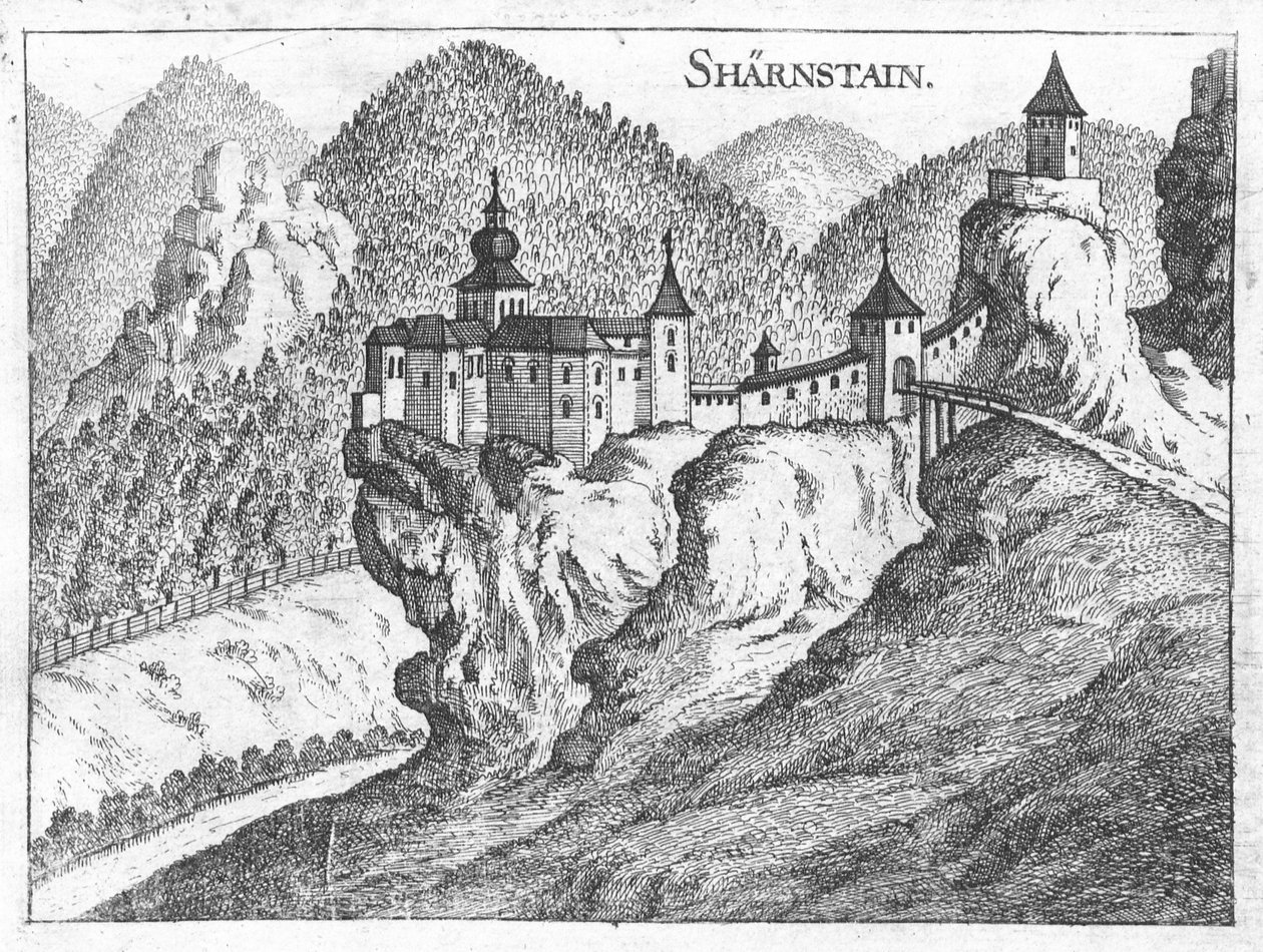 उत्कीर्णन, Scharnstein महल, ऊपरी ऑस्ट्रिया का दृश्य द्वारा जॉर्ज मैथौस विस्चर
