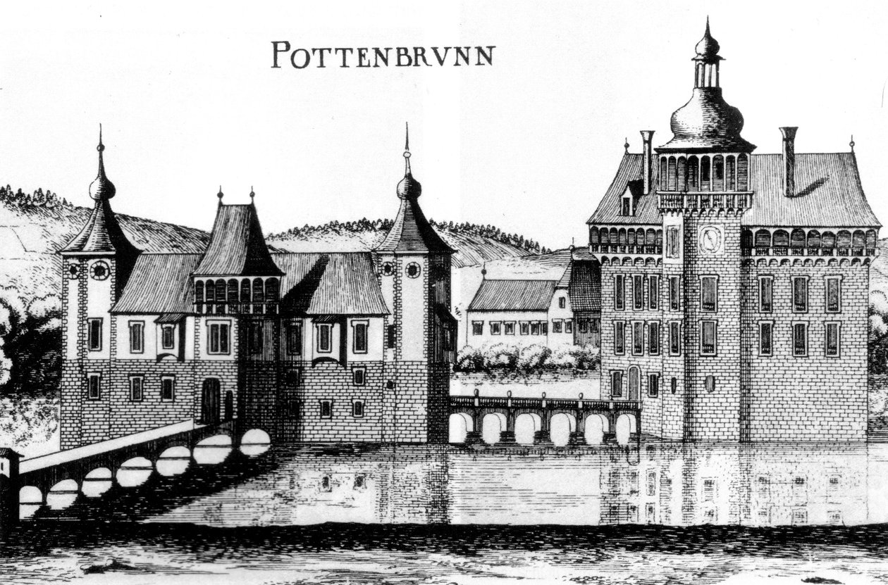 1672 से जॉर्ज मैथ्यूस विचर द्वारा उत्कीर्णन में Pottenbrunn कैसल द्वारा जॉर्ज मैथौस विस्चर