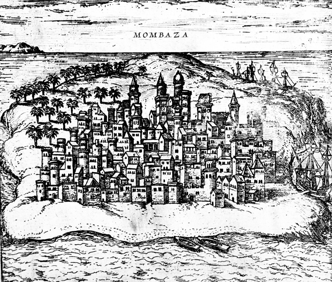 जॉर्ज ब्रून्स Civitates ऑर्बिस टेरारम से मोम्बाजा का दृश्य, 1572 में प्रकाशित 483404 का विवरण द्वारा जॉर्ज ब्रौन और फ्रांज होजेनबर्ग