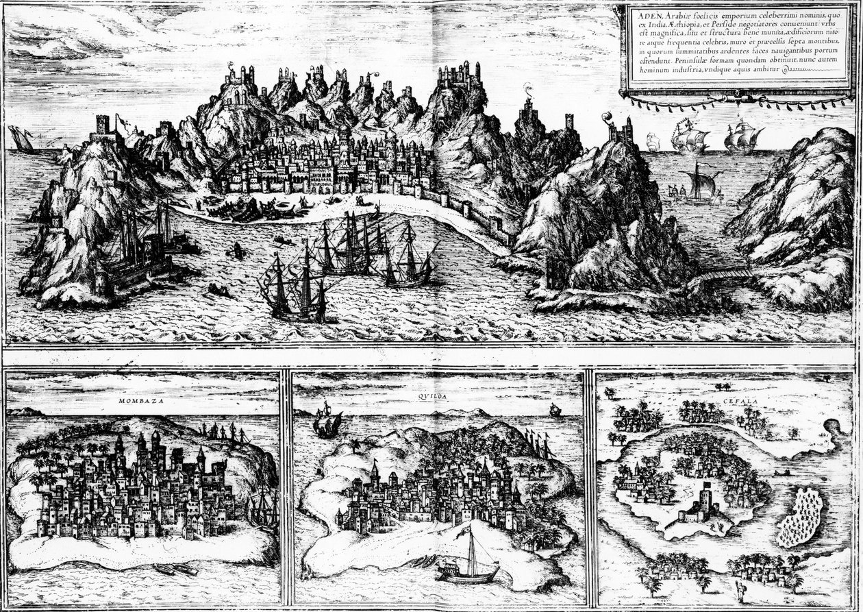 1572 में प्रकाशित जॉर्ज ब्रौन की &39;सिविटेट्स ऑर्बिस टेरारम&39; से अदन, मोम्बाज़ा, क्विलोआ और सेफ़ाला के दृश्य द्वारा जॉर्ज ब्रौन और फ्रांज होजेनबर्ग
