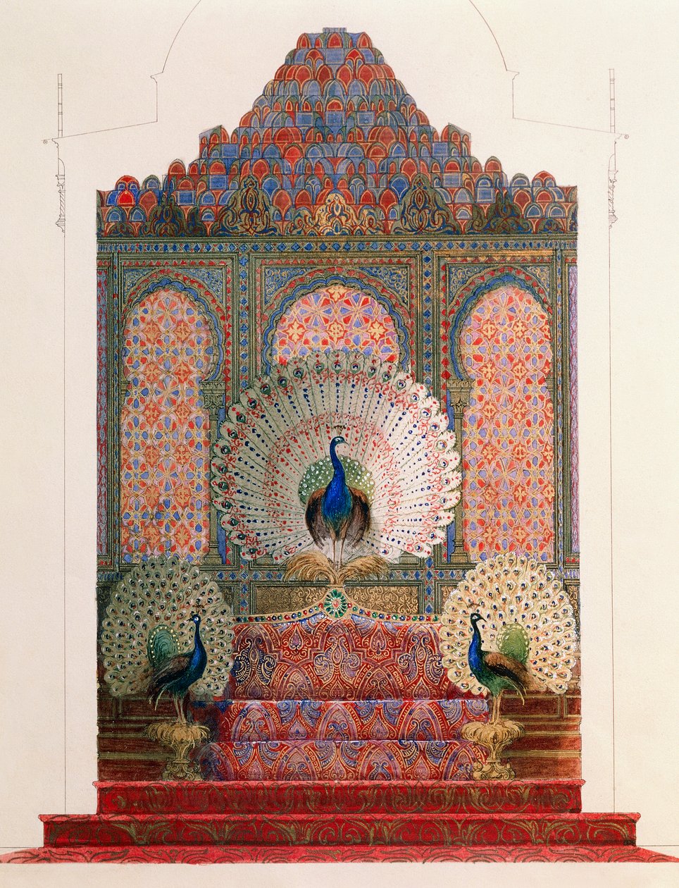 लिंडरहोफ में लुडविग द्वितीय के शाही महल में मूरिश मठ के मयूर सिंहासन के लिए डिजाइन द्वारा डेनियल वैन डेन क्यूबोर्न