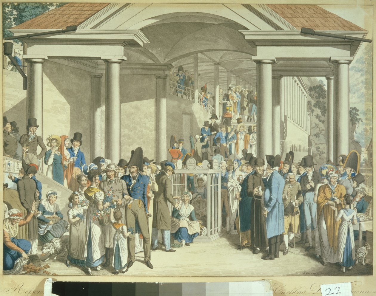 कार्ल्सबेडर फाउंटेन, 1810 में स्वास्थ्य समुदाय (जलीय ड्राइंग) द्वारा जॉर्ज एमानुएल ओपित्ज़