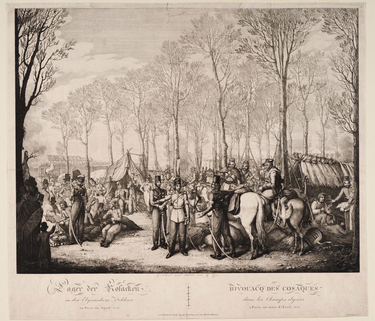 अप्रैल 1814, 1814 को पेरिस में एवेन्यू डेस चैंप्स-एलेसीस में कोसैक्स का बीवैक द्वारा जॉर्ज एमानुएल ओपिज़