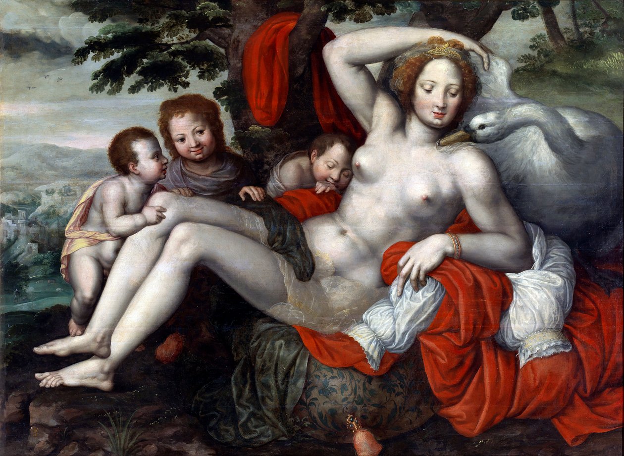 ""Leda et le cygne"" - Leda and the Swan par Pencz, Georg (Jorg) (1500/02-1550), 16वीं सदी के मध्य में। - लकड़ी पर तेल, 92x126 - म्यूजियो डेल प्राडो, मैड्रिड द्वारा जॉर्ज पेन्कज़