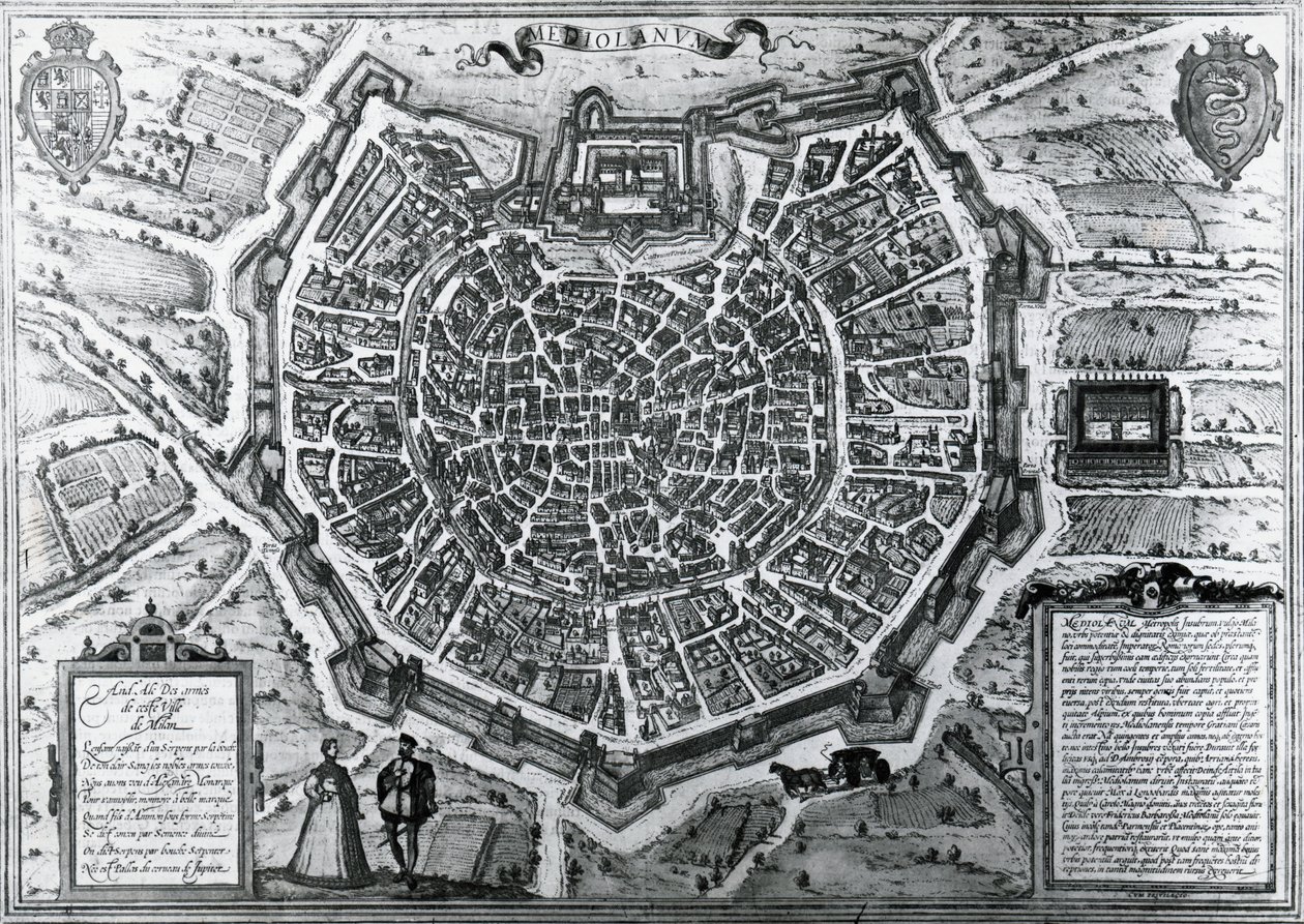 मिलान का शहर का नक्शा, 1572 में, एंटोनियो लाफ्रेरी द्वारा (1512-1577), जॉर्ज ब्रौन और फ्रांज होगेनबर्ग, इटली द्वारा प्रकाशित द्वारा फ्रांसो