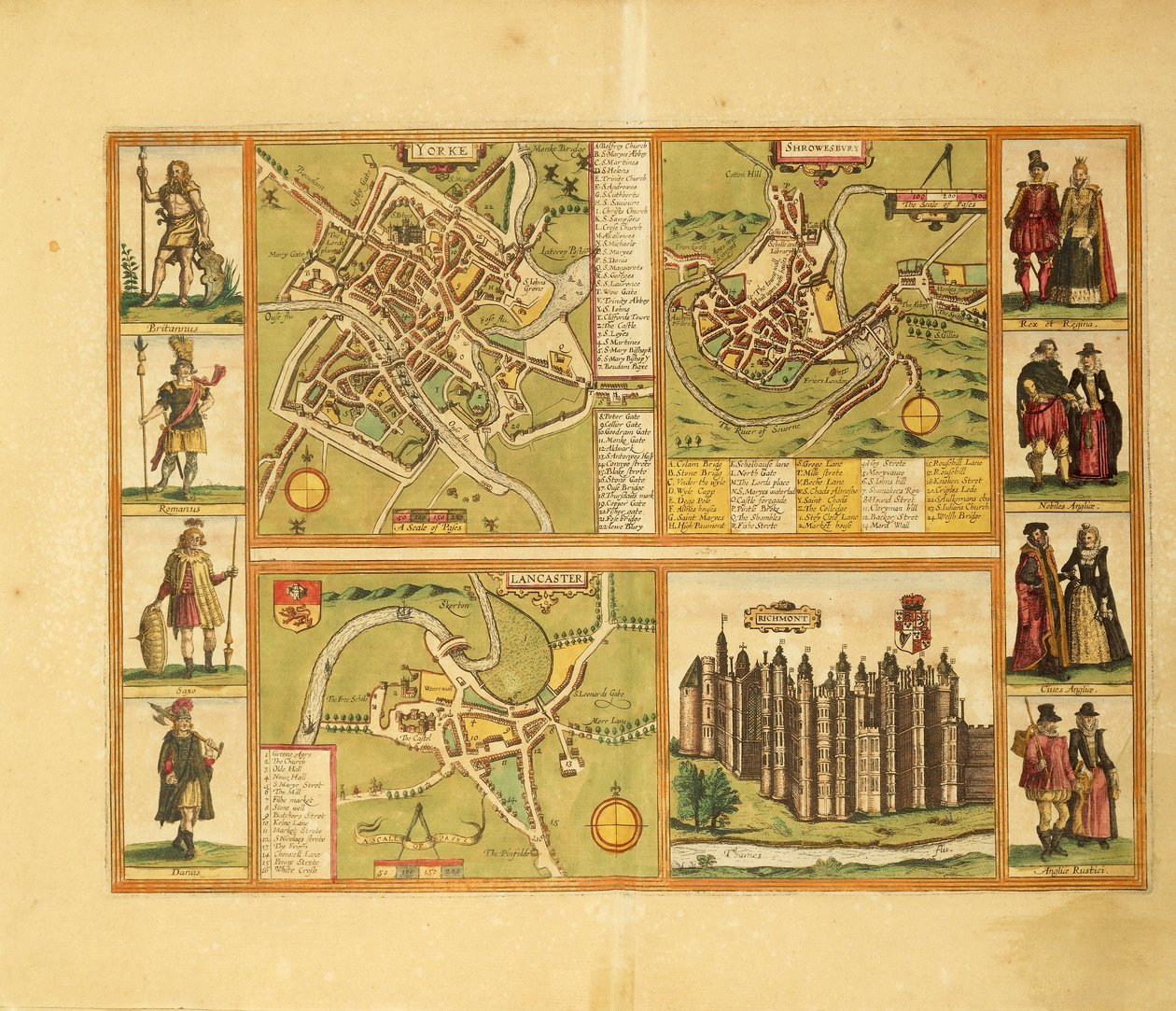 यॉर्क, श्रूबरी, लैंकेस्टर और रिचमंड कैसल का नक्शा सिविटेट्स ऑर्बिस टेरारम द्वारा जॉर्ज ब्रौन द्वारा द्वारा फ्रांसो