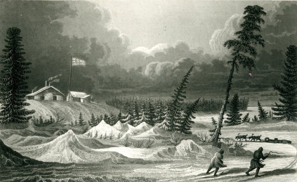 फोर्ट फ्रेंकलिन का विंटर व्यू, एडवर्ड फ्रांसिस फाइंडेन (1791-1857) मई 1828 द्वारा उकेरा गया द्वारा जॉर्ज बैक