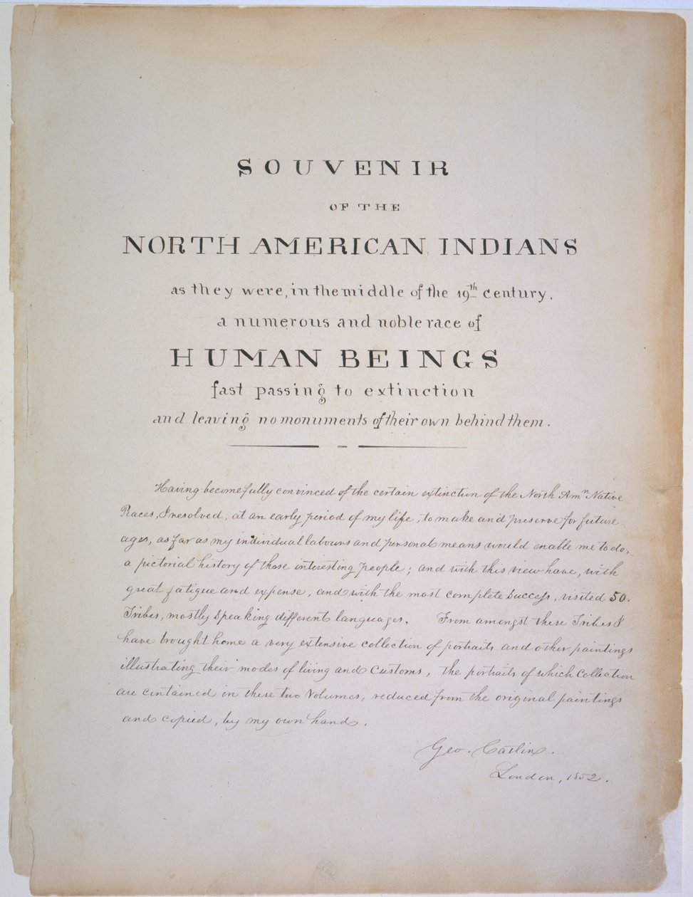 लंदन, 1852 में प्रकाशित, &39;&39; उत्तर अमेरिकी भारतीयों की स्मारिका &39;&39; का शीर्षक पृष्ठ 19 वीं शताब्दी के मध्य में था, जब मानव तेजी से विलुप्त होने की ओर अग्रसर था। द्वारा जॉर्ज कैटलिन