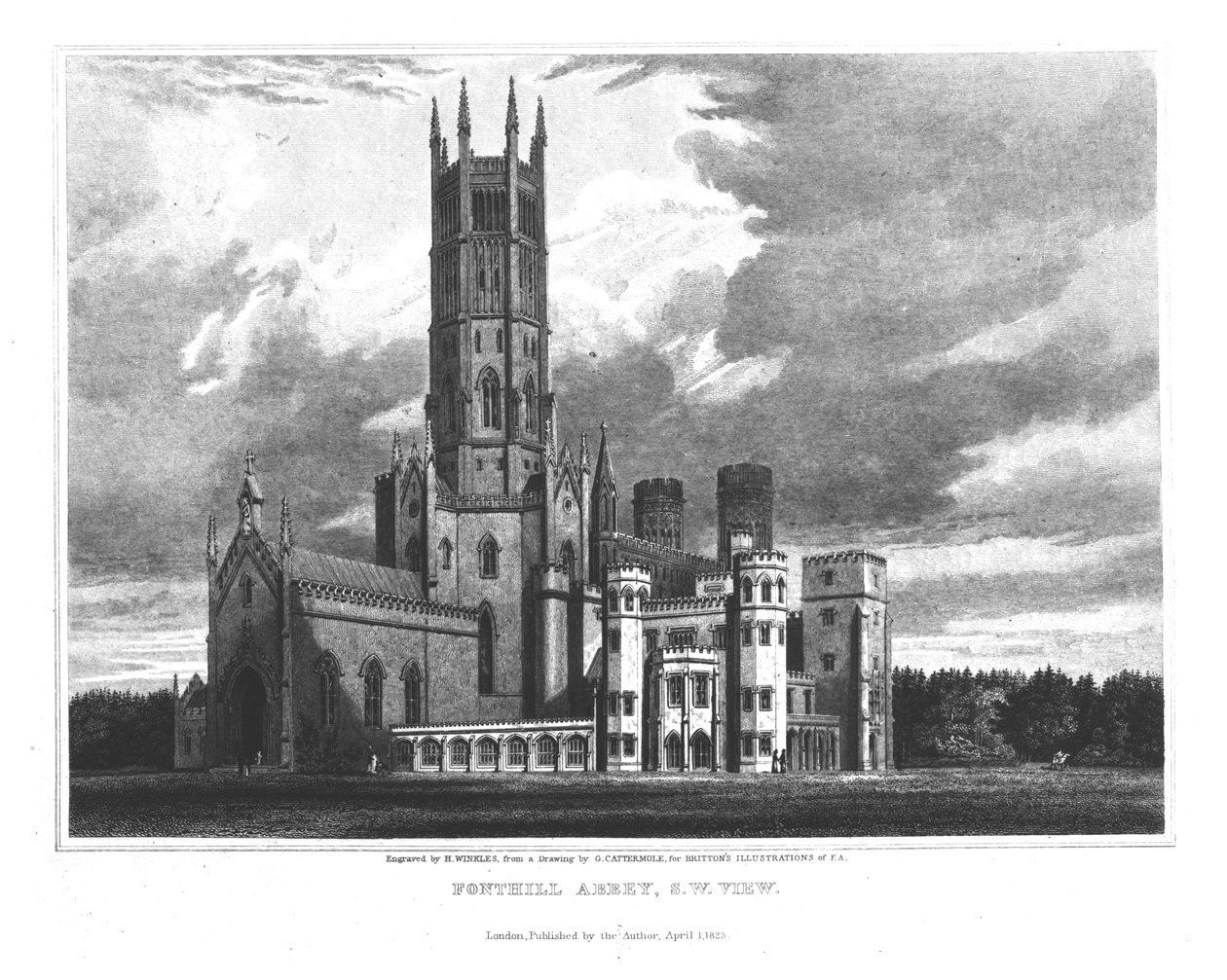जॉन ब्रिटन द्वारा &39;ग्राफिक एंड लिटररी इलस्ट्रेशन ऑफ़ फ़ॉन्गटाइल एब्बे&39; से दक्षिण-पश्चिम के फ़ॉन्थिल एबे, एच। विन्कल्स द्वारा उत्कीर्ण, 1823 द्वारा जॉर्ज कैटरमोल