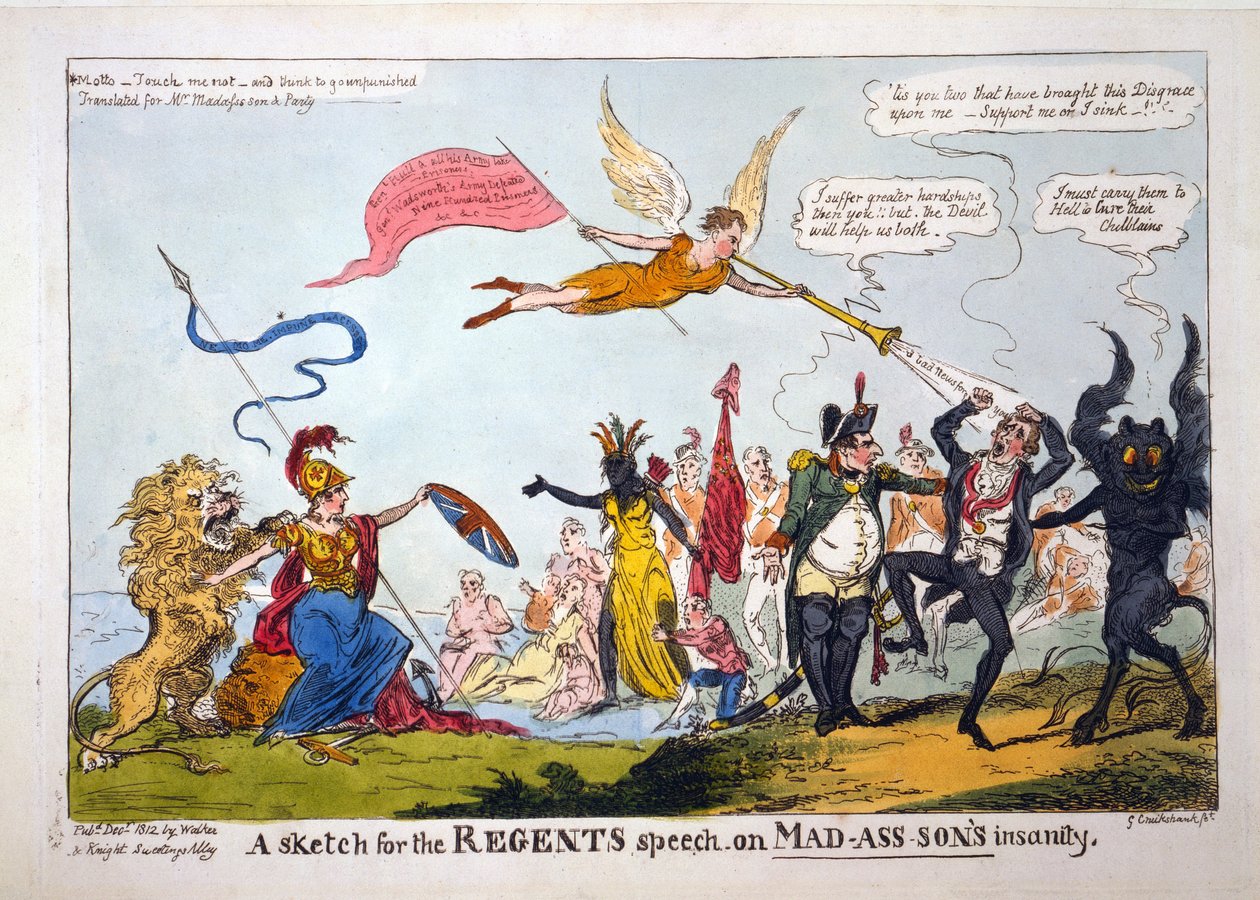 मैड-एसस-सोन के पागलपन पर पब, रीजेंट्स स्पीच के लिए एक स्केच। 1812 (हाथ के रंग का उत्कीर्णन) द्वारा जॉर्ज क्रूइशांक