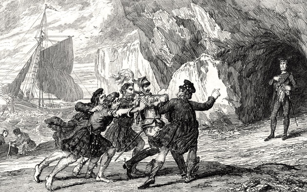 अर्डेनवोह्र में कैप्टन डलगेटी, सर वाल्टर स्कॉट (1771-1832) द्वारा &39;ए लेजेंड ऑफ मोंट्रोस&39; का चित्रण 1843 में प्रकाशित द्वारा जॉर्ज क्रूइशांक