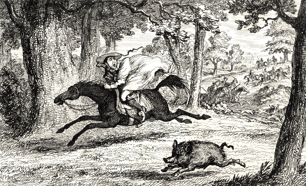 बेल के कार्डिनल जॉन ने एक सूअर का पीछा करते हुए, सर वाल्टर स्कॉट (1771-1832) द्वारा &39;क्वेंटिन ड्यूरवर्ड&39; से 1845 में प्रकाशित चित्र द्वारा जॉर्ज क्रूइशांक