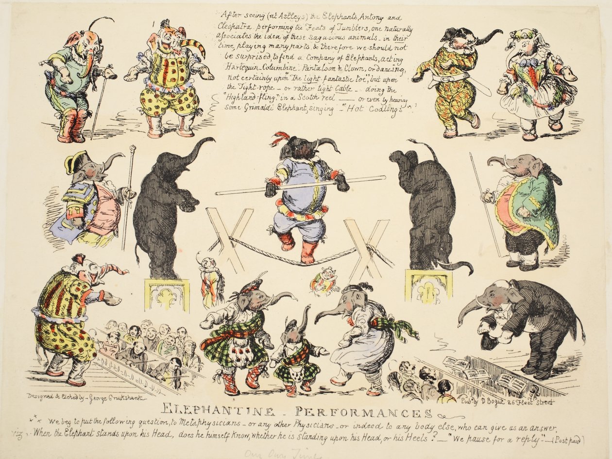 एलिफेंटाइन प्रदर्शन, पब। c.1854 (हाथ के रंग का नक़्क़ाशी) द्वारा जॉर्ज क्रूइशांक