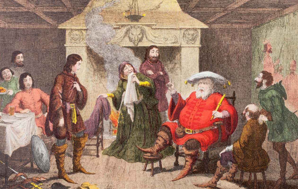 फालस्टाफ ने &39;द इलस्ट्रेटेड लाइब्रेरी शेक्सपियर&39; से हेनरी चतुर्थ, भाग I, अधिनियम II, दृश्य IV में राजा का हिस्सा अधिनियमित किया, लंदन 1890 प्रकाशित द्वारा जॉर्ज क्रूइशांक