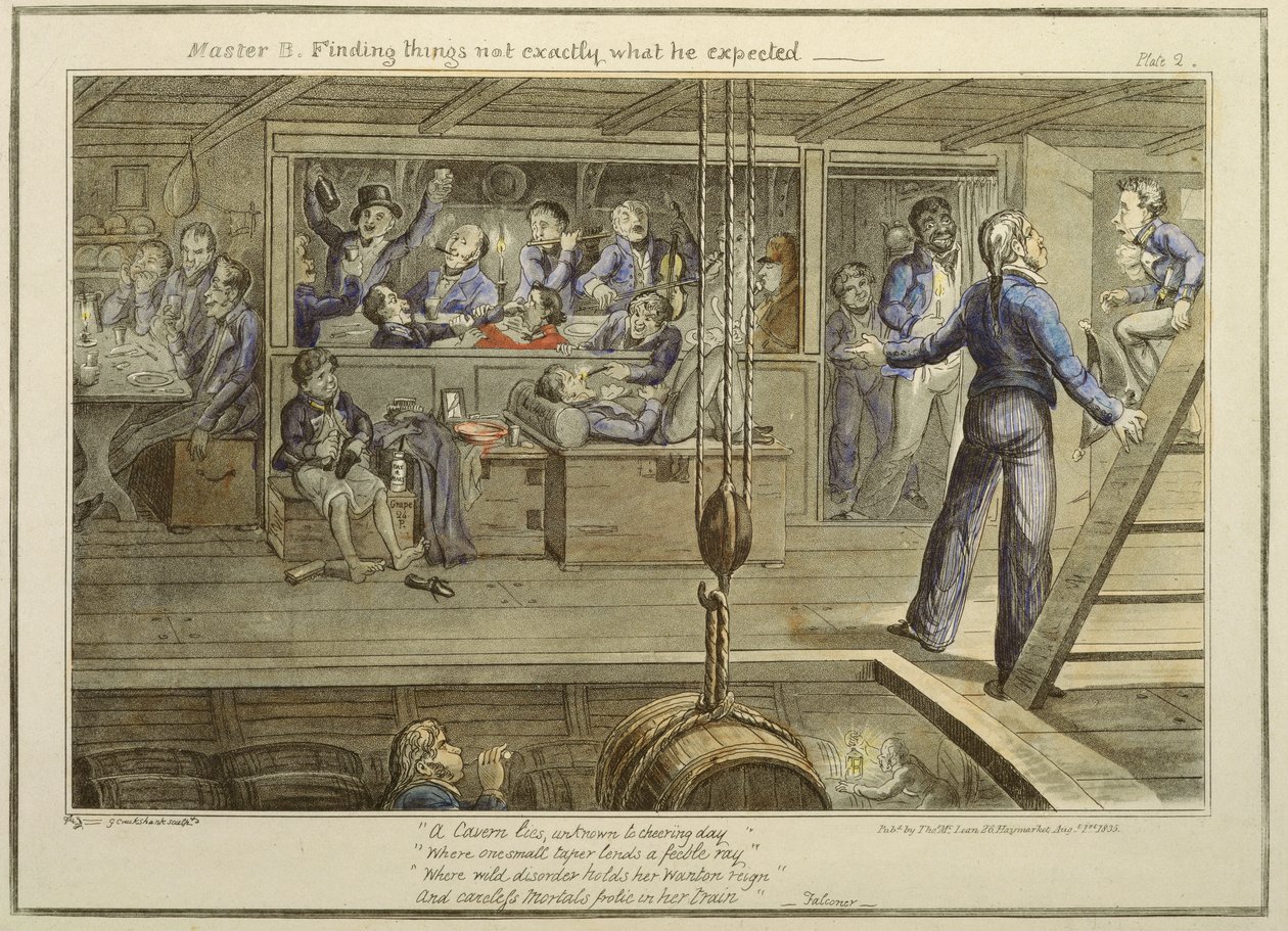 थॉमस मैकलेन, 1 अगस्त 1835 (रंगीन एक्वाटिंट) द्वारा प्रकाशित &39;द प्रोग्रेस ऑफ ए मिडशिपमैन&39; से मास्टर बी को बिल्कुल वैसी चीजें नहीं मिलीं, जिसकी उन्हें उम्मीद थी द्वारा जॉर्ज क्रूइशांक