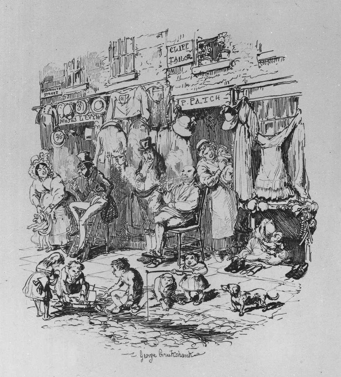 मोनमाउथ स्ट्रीट, चार्ल्स डिकेंस द्वारा 1836 के &39;स्केच्स बाय बोज़&39; का चित्रण द्वारा जॉर्ज क्रूइशांक