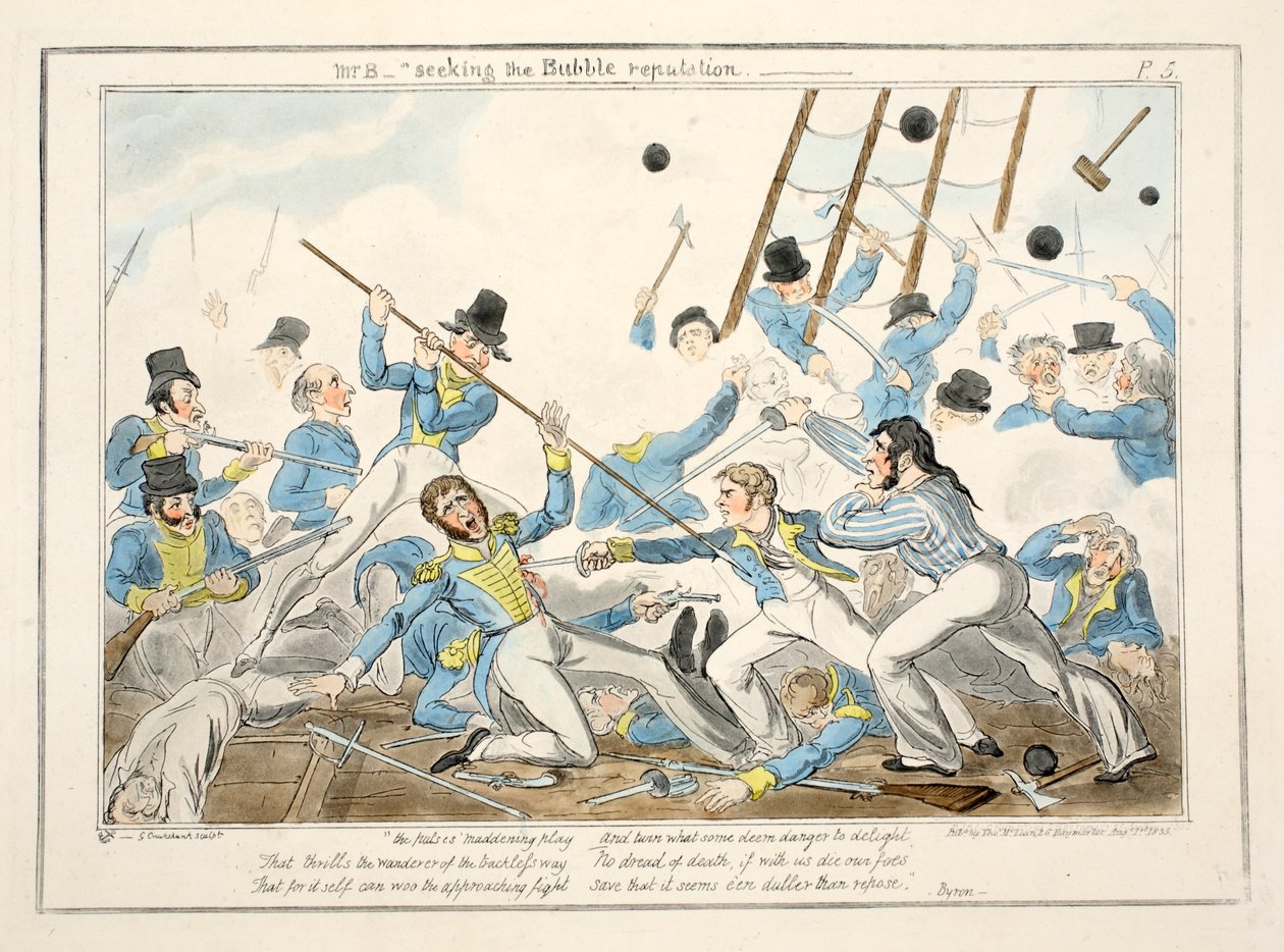 मिस्टर बी - द प्रोग्रेस ऑफ़ द मिडिलशिपमैन से बबल प्रतिष्ठा की खोज, 1835 (हाथ से बने उत्कीर्णन) द्वारा जॉर्ज क्रूइशांक