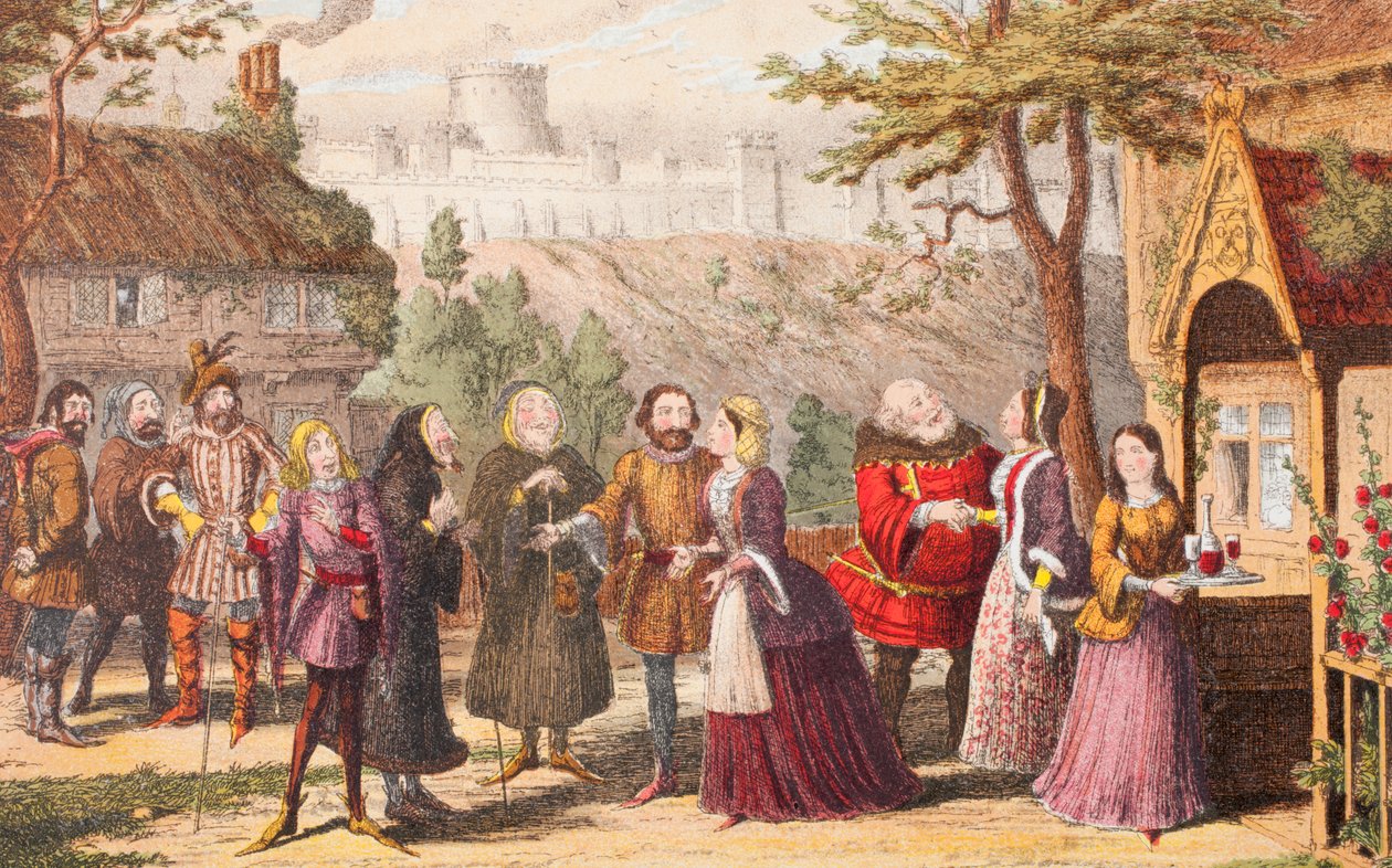 सर जॉन फालस्टाफ विंडसर में अपने दोस्त पेज पर गए, &39;द इलस्ट्रेटेड लाइब्रेरी शेक्सपियर&39; से, विंडसर के मीरा पत्नियों का चित्रण, लंदन 1890 प्रकाशित द्वारा जॉर्ज क्रूइशांक