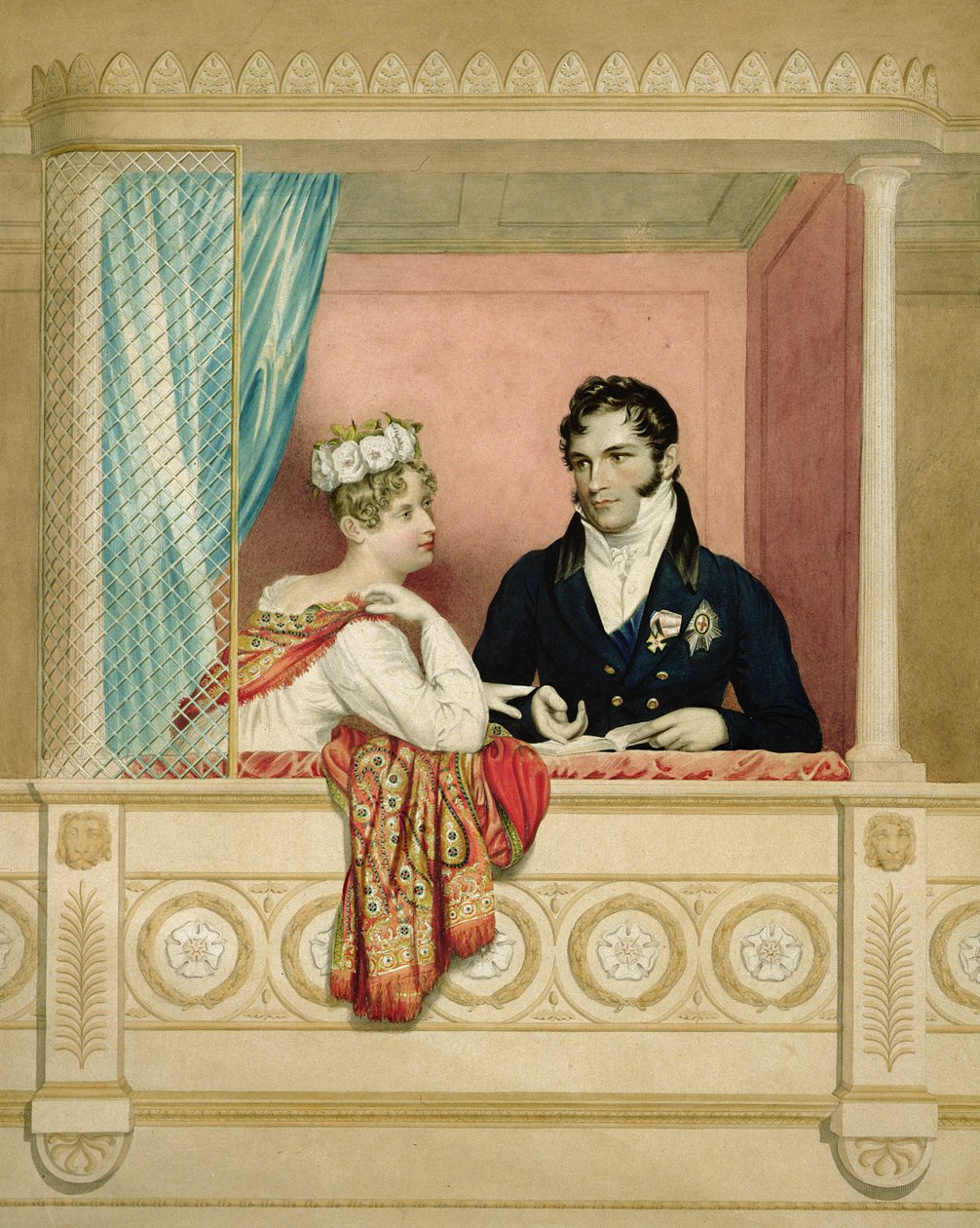 वेल्स की राजकुमारी चार्लोट ऑगस्टा (1796-1817) और कोवेंट गार्डन में अपने बॉक्स में सक्स कोबबर्ग गोथा (1790-1865) के राजकुमार लियोपोल्ड द्वारा जॉर्ज दाऊ
