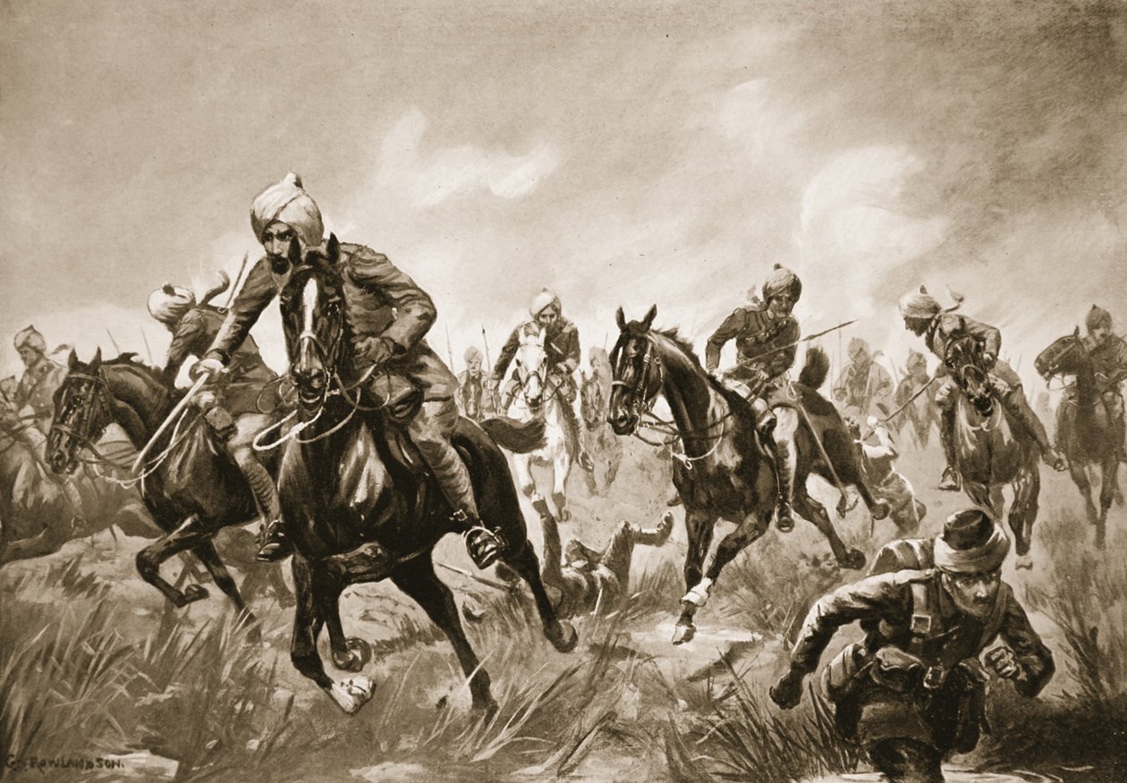 जैमदार राम-करण सेवानिवृत्त होने वाले दुश्मन के खिलाफ भारी राइफल फायर के तहत अपनी टुकड़ी का नेतृत्व करते हैं द्वारा जॉर्ज डर्विले रॉलैंडसन