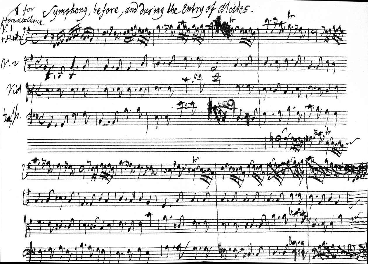 27 दिसंबर के बीच हैंडेल द्वारा संगीत के लिए सेट टोबीस स्मोलेट के नाटक &39;अलकेस्टेस&39; में अल्काइड्स के प्रवेश को शामिल करते हुए सिम्फनी की शुरुआत का मूल स्कोर। 1749 और 8 जनवरी, 1750, 1750 (पेन ए द्वारा जॉर्ज फ्रेडरिक हैंडेल