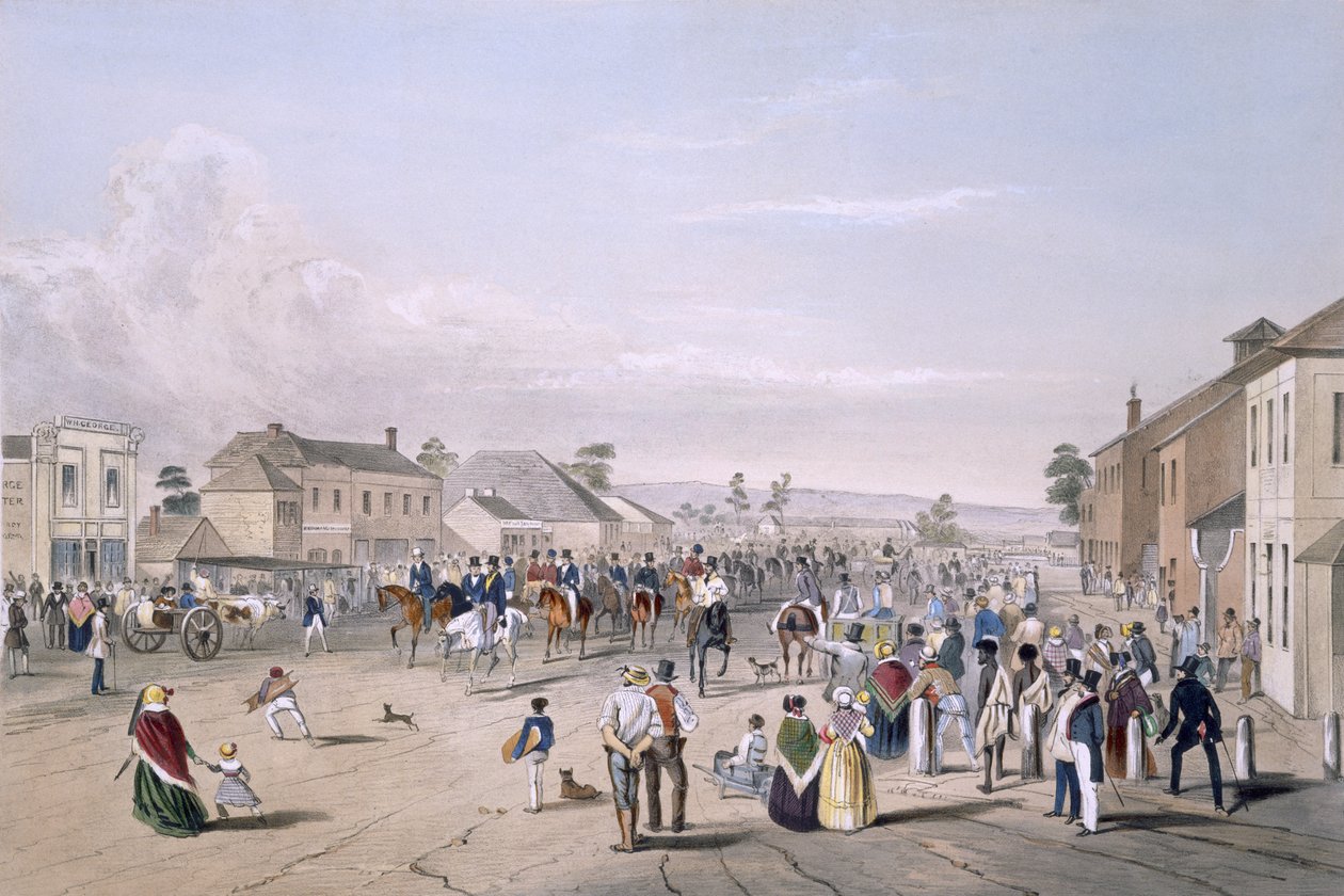 कैप्टन स्टर्ट का प्रस्थान, अगस्त 1844, &39;साउथ ऑस्ट्रेलिया इलस्ट्रेटेड&39; से, 1847 में प्रकाशित (हाथ के रंग का उत्कीर्णन) द्वारा जॉर्ज फ्रेंच एंगस