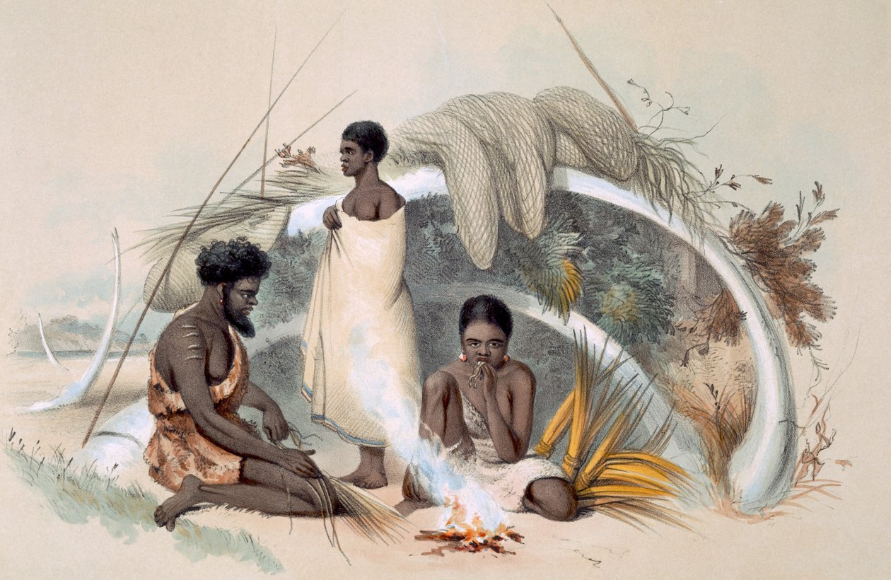 एनकाउंटर बे के मूल निवासी, 1847 में प्रकाशित &39;साउथ ऑस्ट्रेलिया इलस्ट्रेटेड&39; से, व्हेल की पसलियों से बनी एक झोपड़ी में मछली पकड़ने के जाल के लिए कॉर्ड बनाते हुए द्वारा जॉर्ज फ्रेंच एंगस