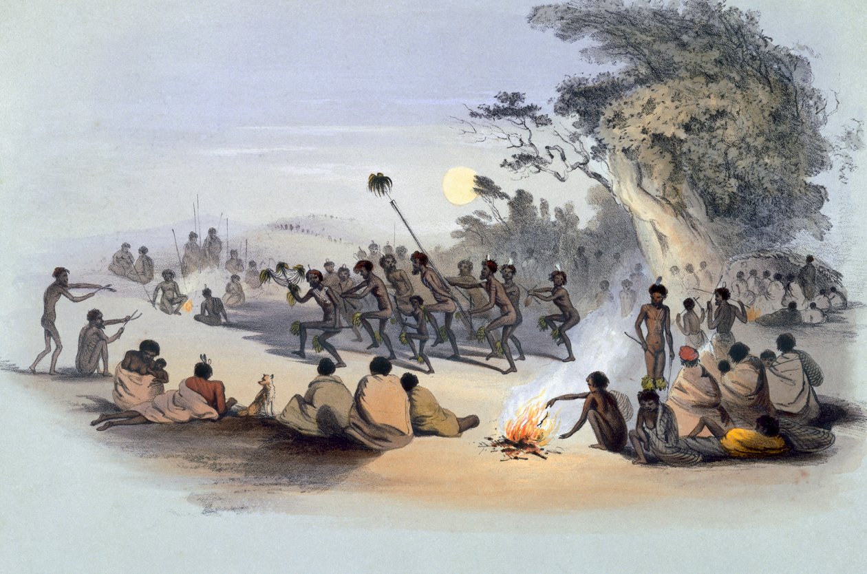 द एबोरिजिनल इंहबिटेंट्स: द कुरी डांस, 1847 में प्रकाशित &39;साउथ ऑस्ट्रेलिया इलस्ट्रेटेड&39; से द्वारा जॉर्ज फ्रेंच एंगस