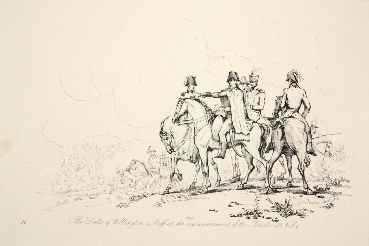 ड्यूक ऑफ वेलिंगटन एंड स्टाफ इन द बैटल ऑफ द बैटल, पब। जे। बूथ, 1816 द्वारा जॉर्ज जोन्स