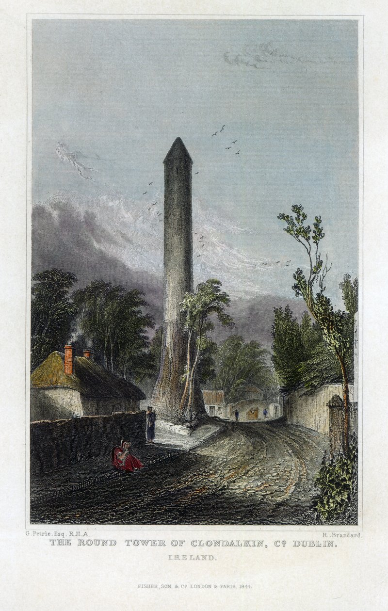राउंड टॉवर ऑफ़ क्लोंडाल्किन, 1844 में रॉबर्ट ब्रिडेन द्वारा उकेरा गया द्वारा जॉर्ज पेट्री