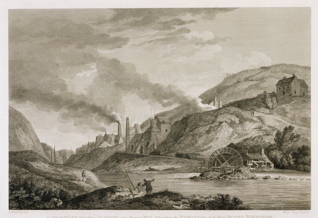 विन्सन लोरी (1762-1824) 1788 द्वारा उकेरी गई सेवरन नदी के किनारे, शोपशायर के मेडले की तरफ से तोप की ढलाई के लिए लोहे का काम और बोरिंग मिल द्वारा जॉर्ज एडवर्ड रॉबर्टसन