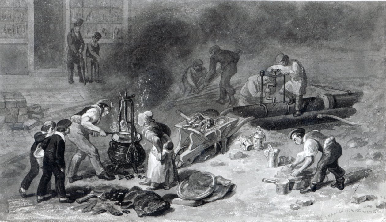 1834 में टोटेनहम कोर्ट रोड में वाटर-मेन का बिछाने, (कागज पर पानी का रंग) द्वारा जॉर्ज Snr तीव्र