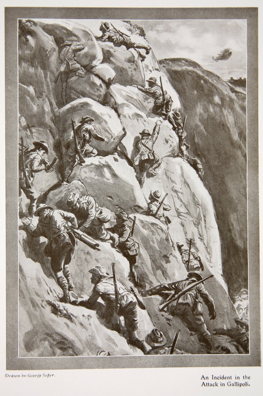 गैलीपोली पर हमले में एक घटना, &39;वर्ष 1915: उल्लेखनीय उपलब्धियों और घटनाओं का रिकॉर्ड&39; से, 1915 द्वारा जॉर्ज सॉपर