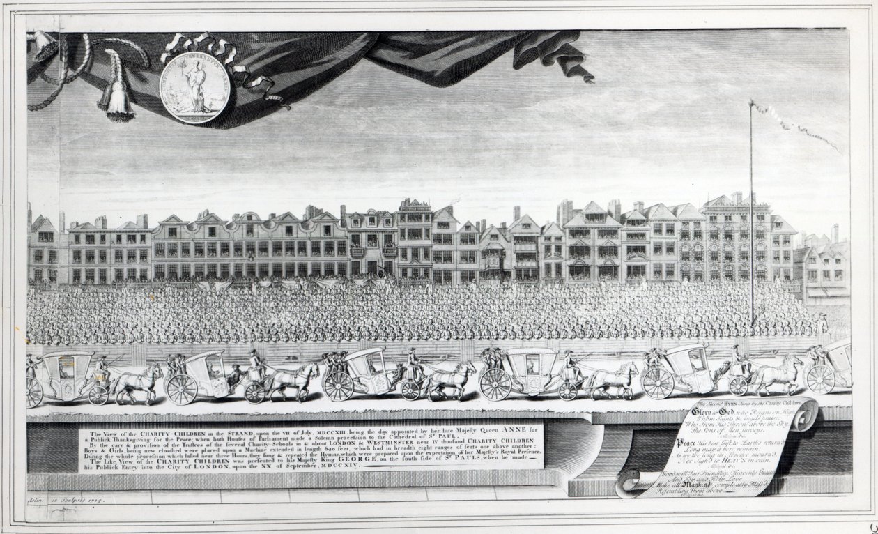7 जुलाई 1713 को स्ट्रैंड में चैरिटी चिल्ड्रेन का दृश्य, 1715 में बनाया गया प्रिंट द्वारा जॉर्ज वर्ट्यू