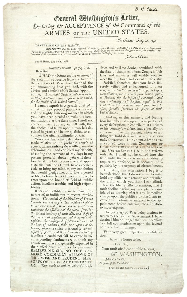 18 जुलाई 1798 को जनरल वाशिंगटन के पत्र ने उनकी स्वीकृति की घोषणा की द्वारा जॉर्ज वाशिंगटन