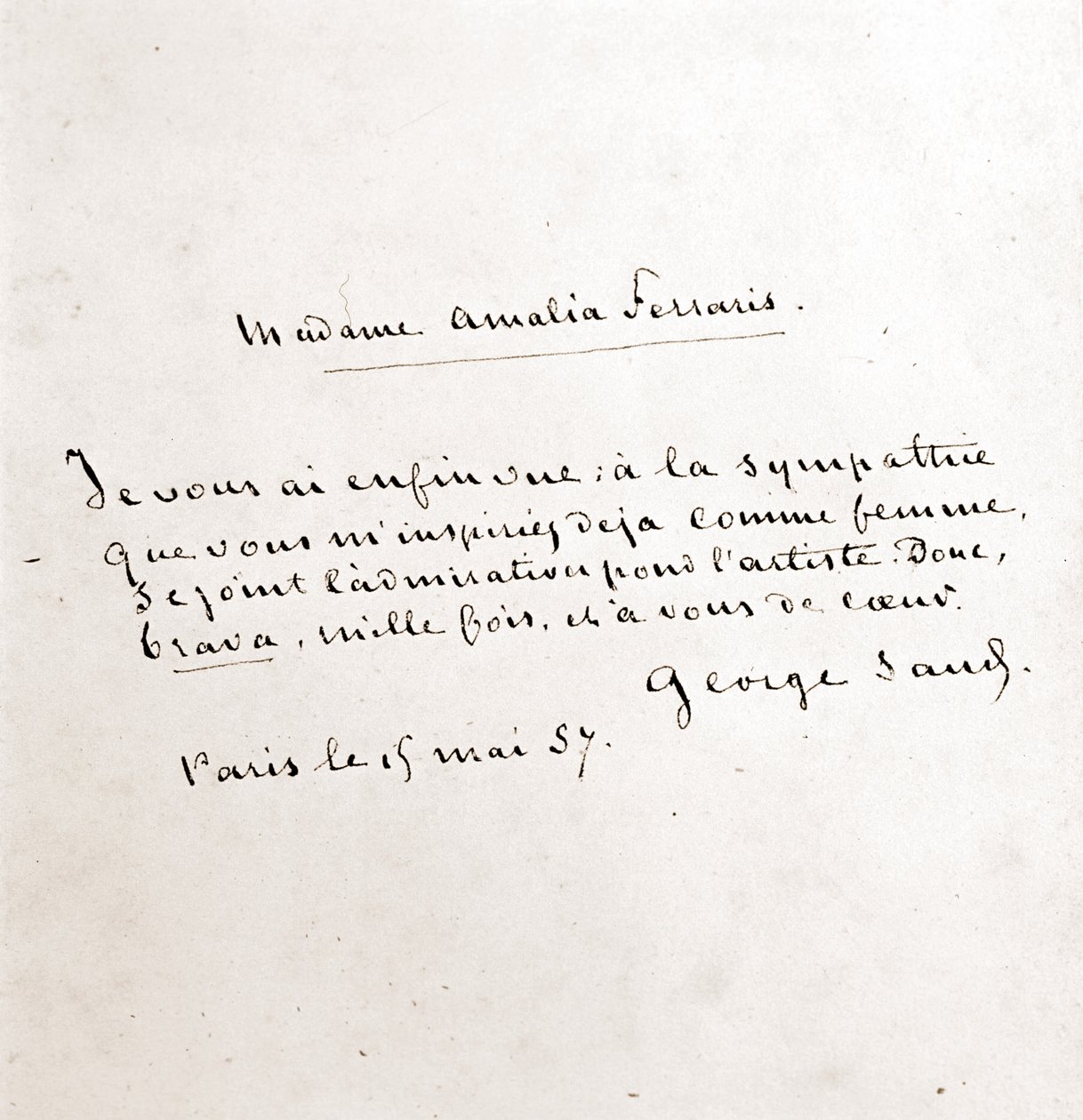 जॉर्ज सैंड (औरोर डुपिन, बैरोन डुडेवेंट) (1804-1876) से मैडम अमालिया फेरारिस, पेरिस का पत्र 19 मार्च द्वारा जॉर्ज सैंड