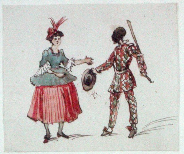 Commedia dell'Arte के दो पात्र (कागज पर कलम और स्याही और पानी के रंग का) द्वारा जॉर्ज सैंड
