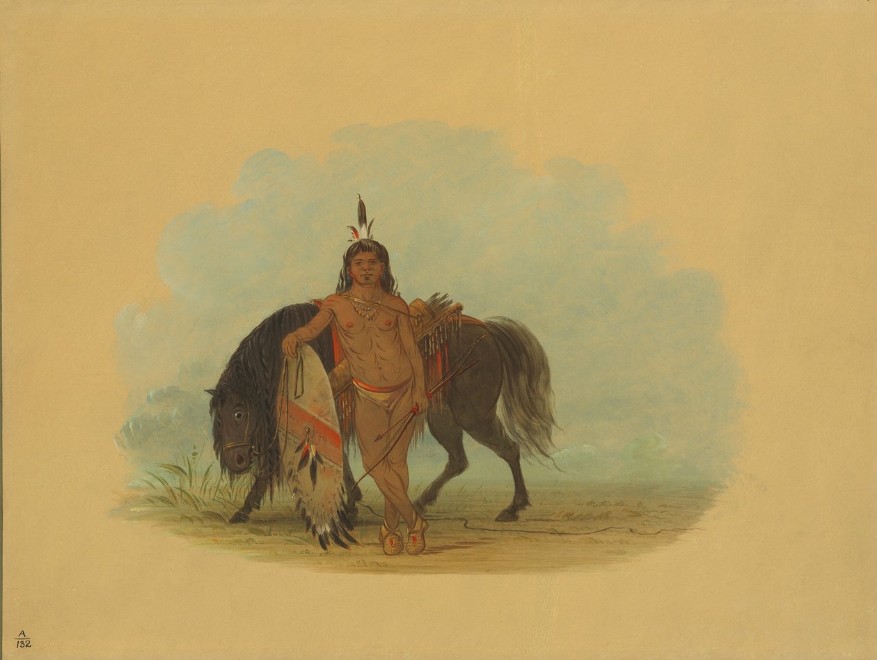 एक शायेन योद्धा अपने घोड़े को आराम देते हुए, 18611869। द्वारा जॉर्ज कैटलिन