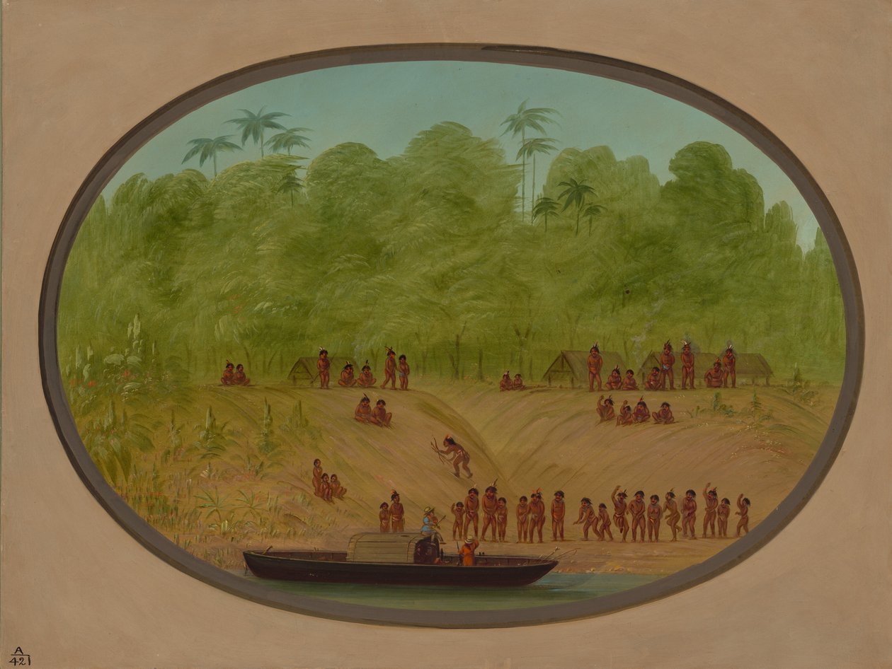 एक ओमागुआ गांव - नाव स्केच, 18541869। द्वारा जॉर्ज कैटलिन