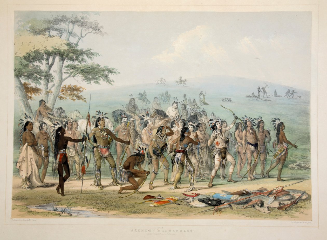 मंडन की तीरंदाजी, पब। 1845 रंग लिथोग्राफ। द्वारा जॉर्ज कैटलिन