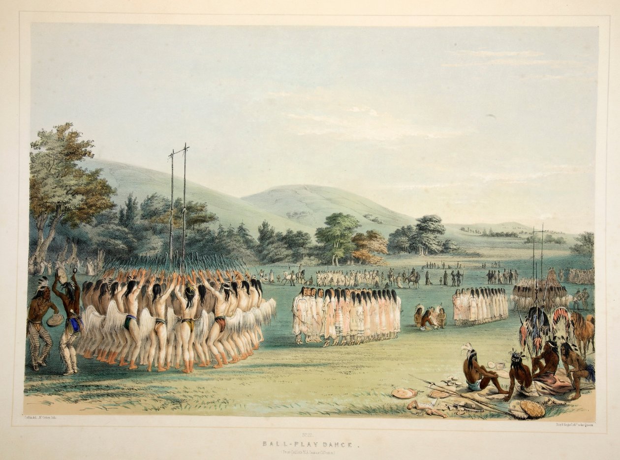 बॉल-प्लेयर डांस, पब। 1845 रंग लिथोग्राफ। द्वारा जॉर्ज कैटलिन
