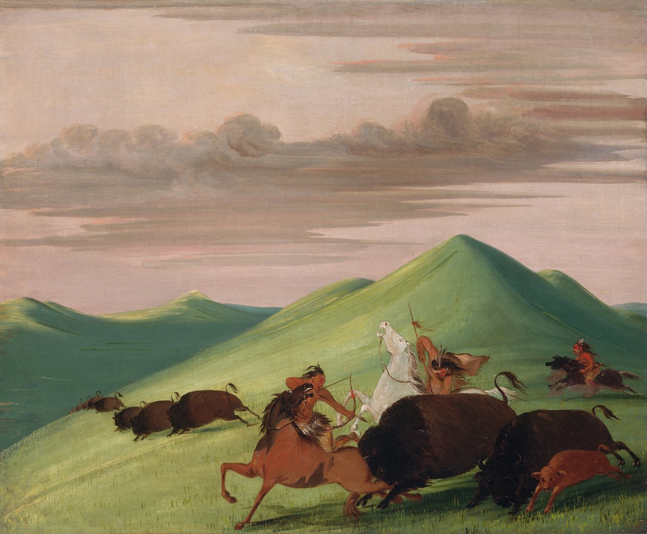 बफ़ेलो चेस, गाय और बछड़े की रक्षा करने वाला सांड, 1832-1833। द्वारा जॉर्ज कैटलिन
