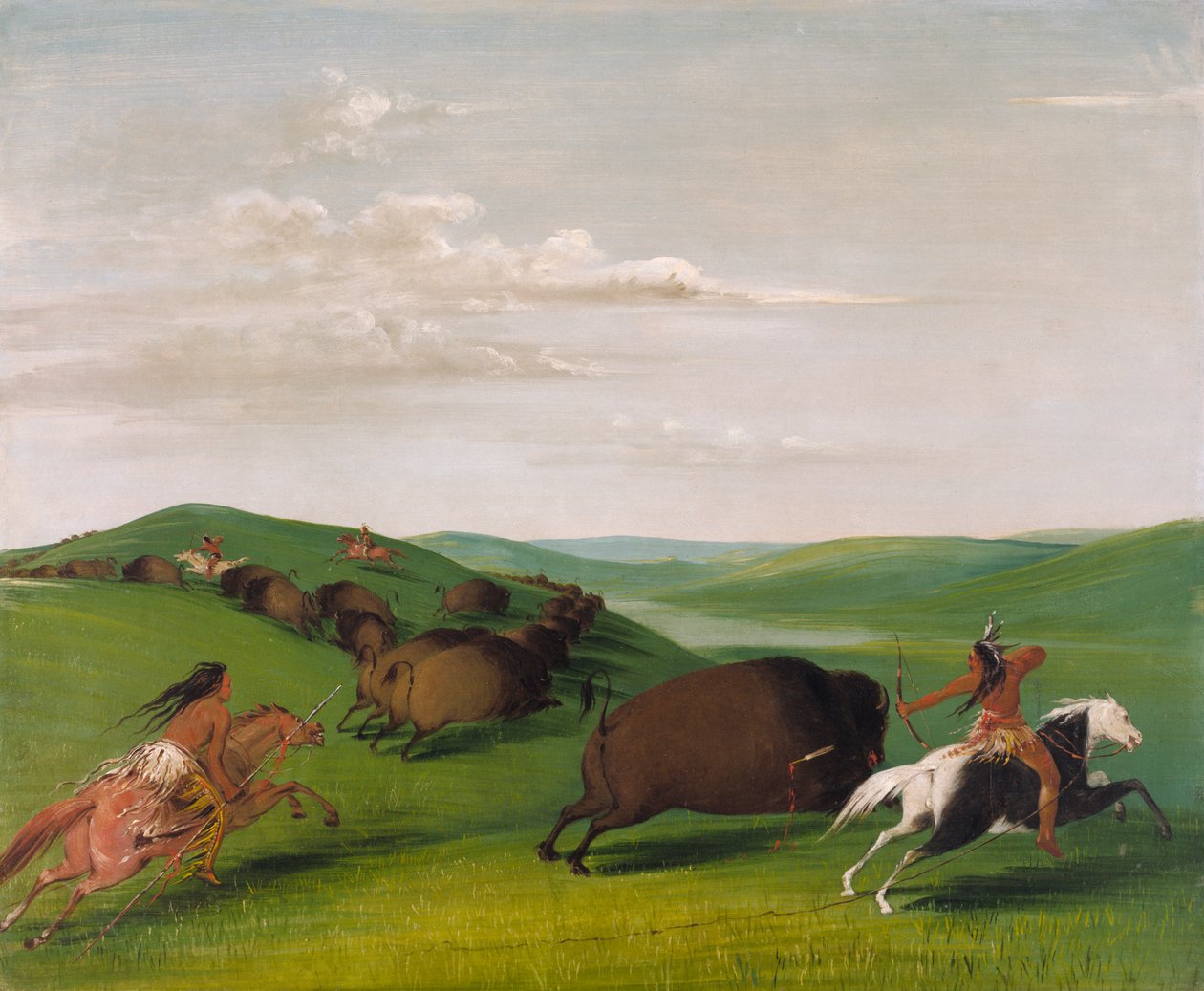 धनुष और भाले के साथ भैंस का पीछा, 1832-1833। द्वारा जॉर्ज कैटलिन