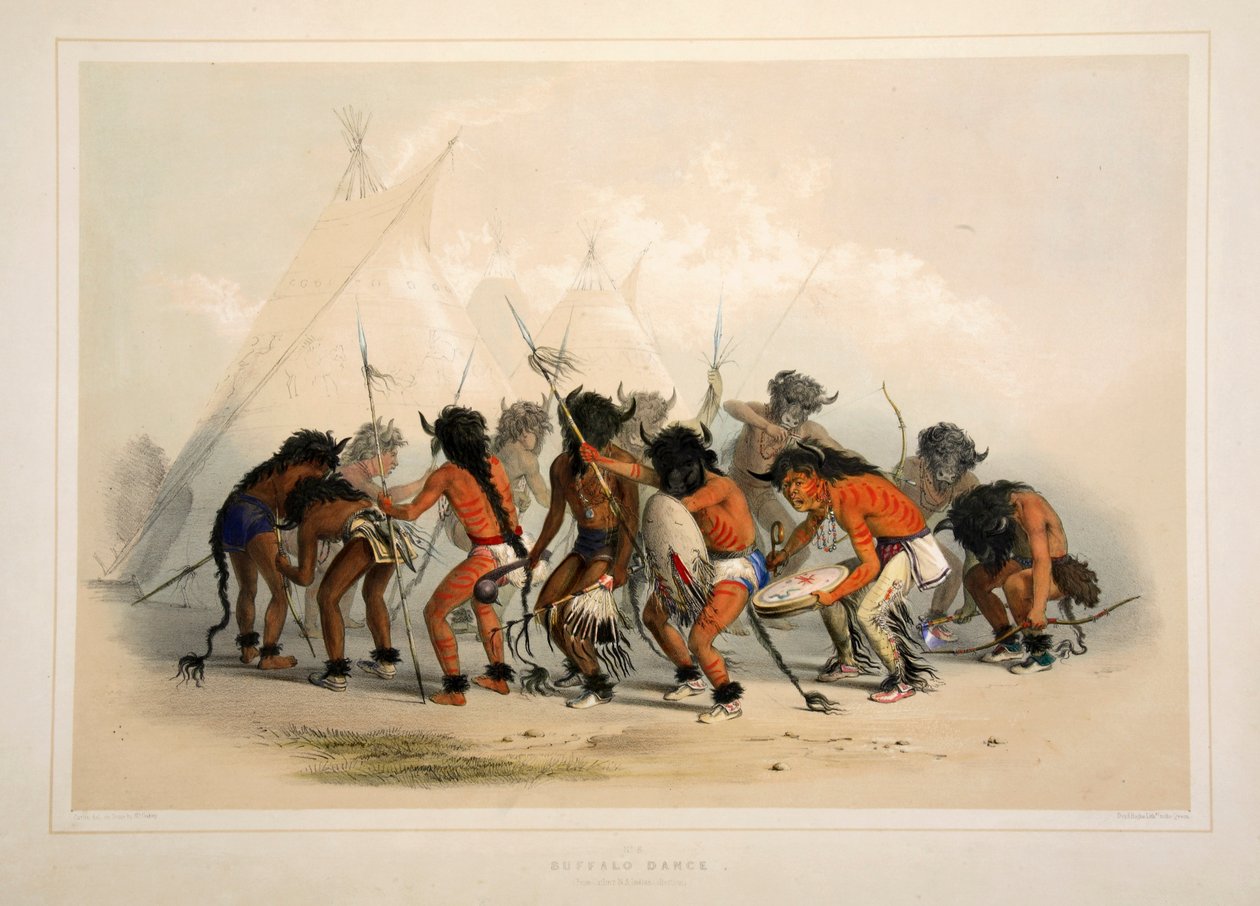 भैंस नृत्य, पब। 1845 रंग लिथोग्राफ। द्वारा जॉर्ज कैटलिन