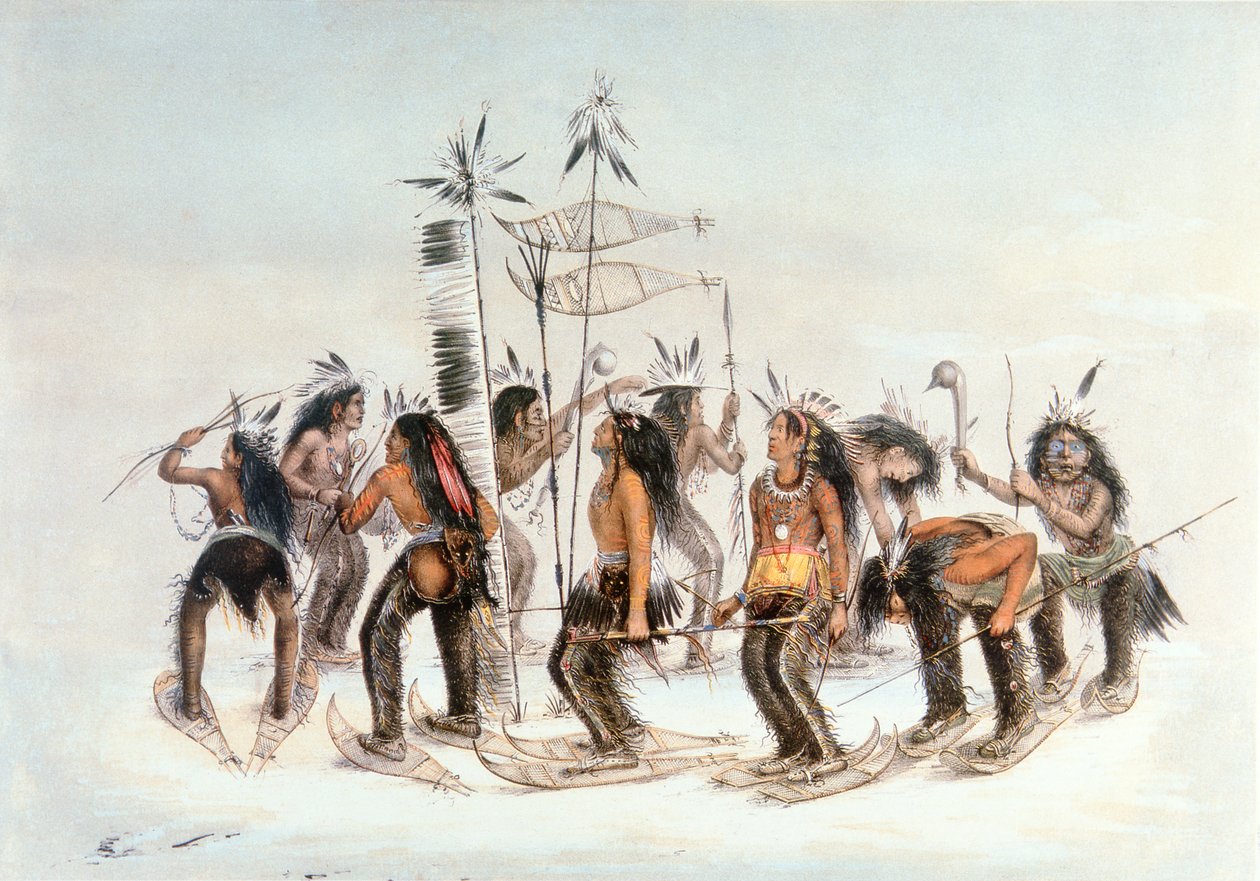 चिप्पेवा स्नोशू डांस, c.1835 (कागज पर पानी के रंग का) द्वारा जॉर्ज कैटलिन