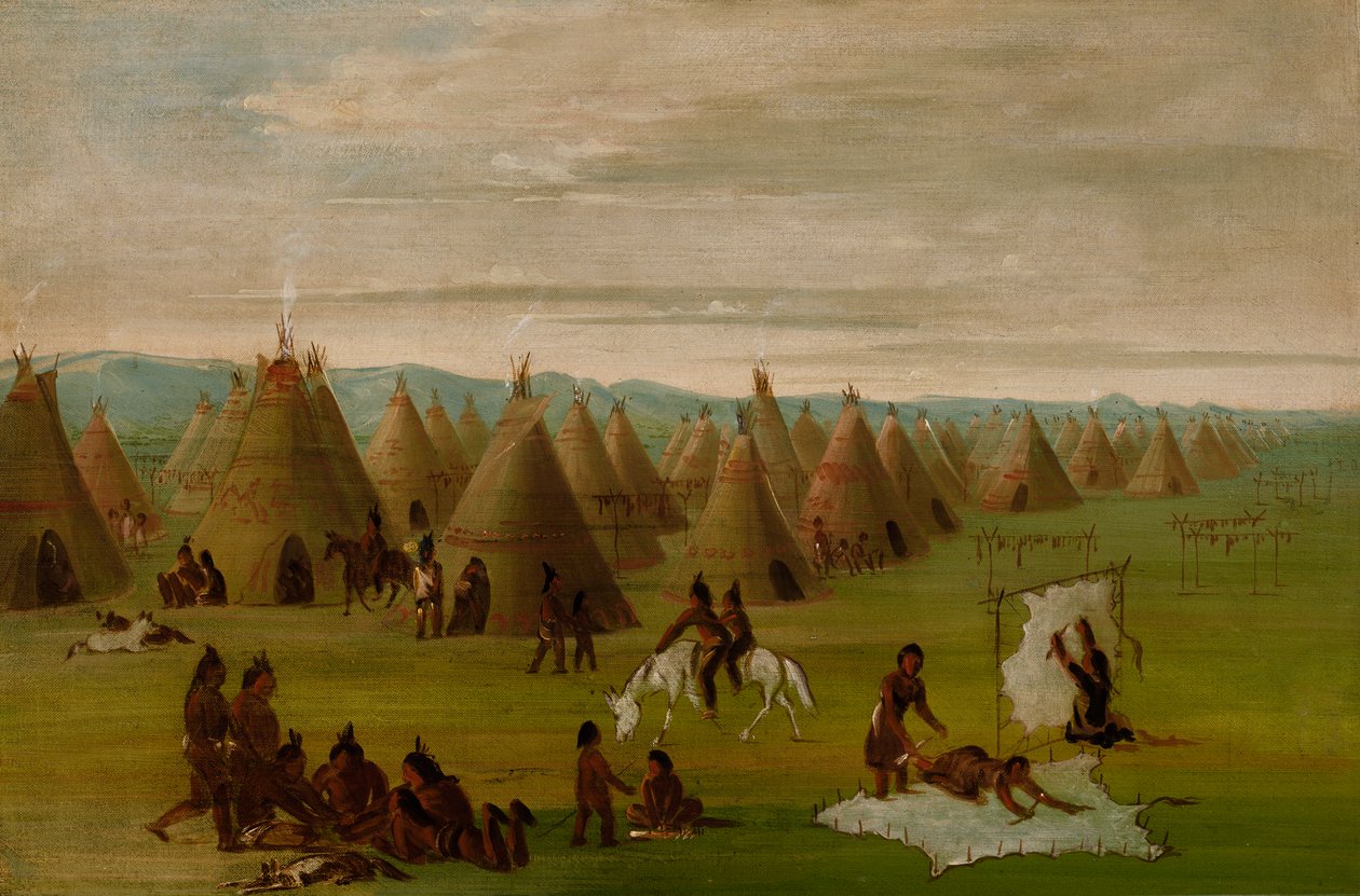 Comanche गांव, महिला ड्रेसिंग रोब और सुखाने मांस, 1834-1835। द्वारा जॉर्ज कैटलिन